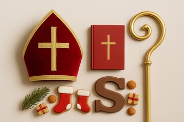 Sinterklaas holiday elements including miter, crozier, gifts, and cookies
