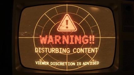 Retro television monitor displaying a bold warning sign about disturbing content and advising viewer discretion