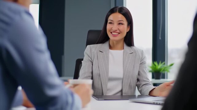 A smiling woman in a business suit holds a folder at a conference table