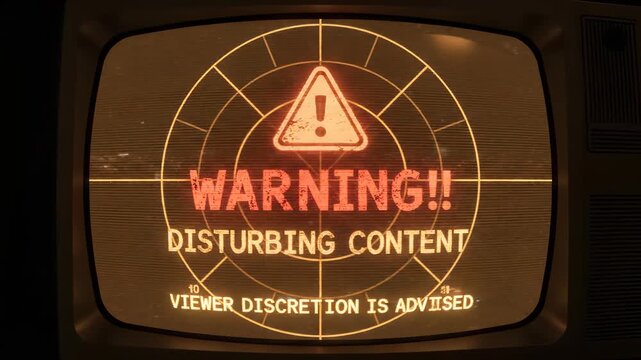 Retro television monitor displaying a bold warning sign about disturbing content and advising viewer discretion