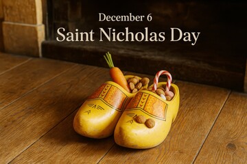 Sinterklaas holiday wooden shoes with treats for Saint Nicholas Day, copy space