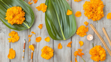 Loy Krathong flat lay with flowers and candle on wooden background