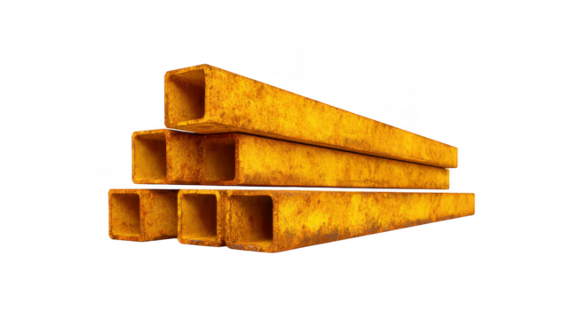 Rusty square steel tube yellow metal pipe industrial construction material isolated on transparency background aged texture strong durable used for building frameworks realistic 3D rendering