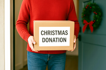 Christmas donation concept with person holding box near wreath