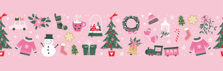Lovely christmas seamless pattern, cute characters and decoration, great for wrapping paper, textiles, banners, wallpapers - vector design