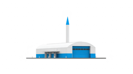 Large white and blue industrial warehouse with arched roof, blue garage door, and tall blue and white chimney, isolated on transparency background, modern architecture