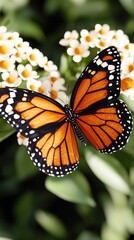 Fototapeta premium Vibrant monarch butterfly rests on delicate white flowers, nature's beauty captured