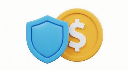 Shield and coin with dollar sign. Money safety and protection, safe payment, insurance, business and finance concept. 3d vector icon. Cartoon minimal style.