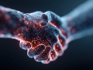 Futuristic digital handshake glowing with red and blue particles, symbolizing technological alliance, innovation, and trust in cyber and data collaboration