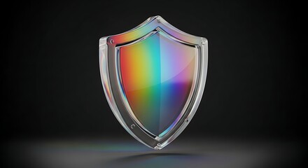 3d glass protect shield icon with refraction and holographic effect isolated on dark background. Render transparent glass protect shield with dispersion light, rainbow gradient. 3d vector morphism