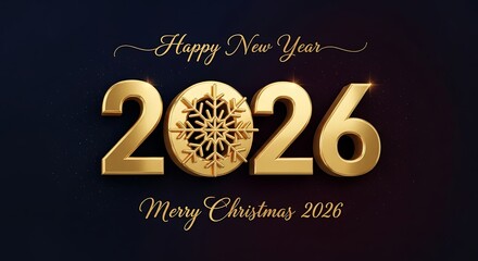 2026 Realistic 3d number with golden snowflake. Happy New Year and Merry Christmas 2026 luxury greeting card.