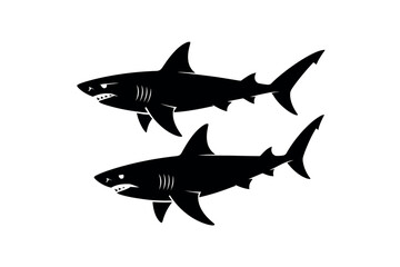 Obraz premium Two menacing sharks swim in silhouette against a white background.