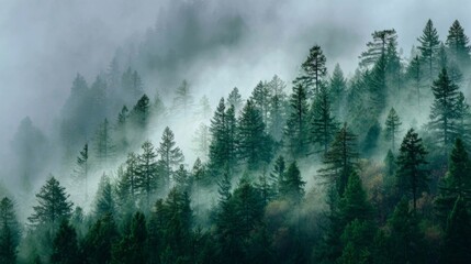 Misty Evergreen Forest in Fog After Rainfall with Trees and Lush Foliage Surrounded by Mysterious Atmospheric Conditions in Nature Landscape