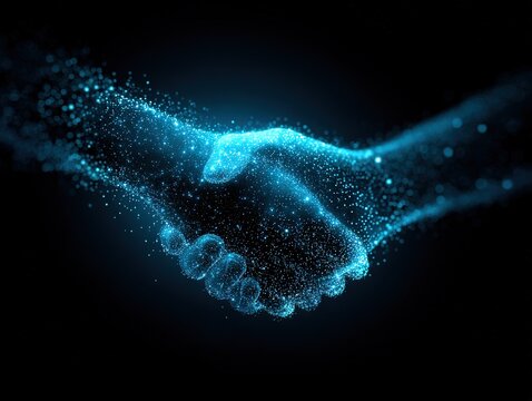 Digital handshake formed by glowing blue particles in dark space, symbolizing innovation, technology, trust, and virtual collaboration in the modern era - Powered by Adobe