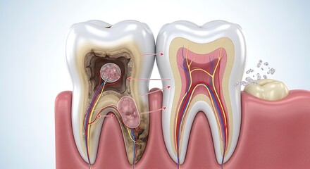Cracked molar tooth with cavity and dental tools.