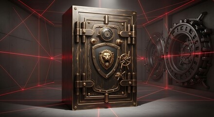 Antique vault with lion emblem and security grid.