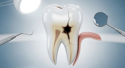 Cracked molar tooth with cavity and dental tools.
