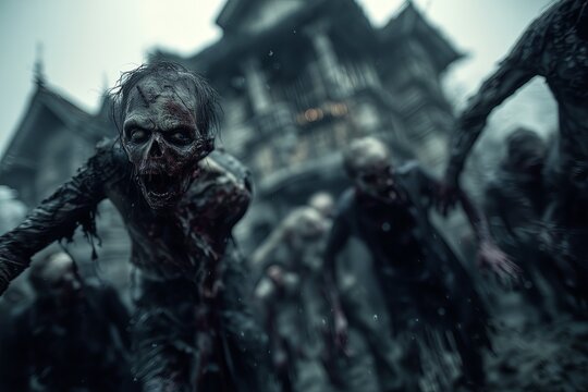 Decaying zombies lurch through a foggy village, their hollow eyes and tattered clothes evoking horror and desolation. Captures dread, survival, and post apocalyptic tension.