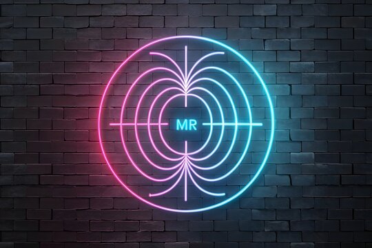 Neon mri scanner symbol with magnetic field lines glowing against a dark wooden wall background