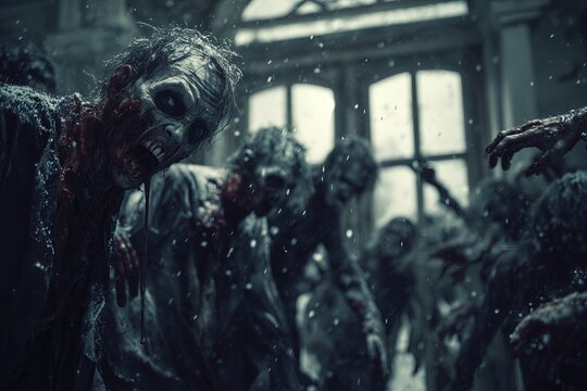 Decaying zombies lurch through a foggy village, their hollow eyes and tattered clothes evoking horror and desolation. Captures dread, survival, and post apocalyptic tension.