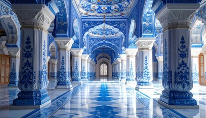 An ornate interior with symmetrical pillars and arches. The blue and white color scheme creates a reflective and elegant atmosphere