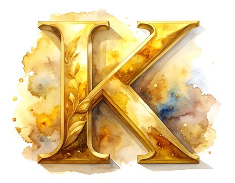 An ornate, golden capital letter "K" is intricately designed, set against an abstract watercolor wash. Details include an embossed leaf motif