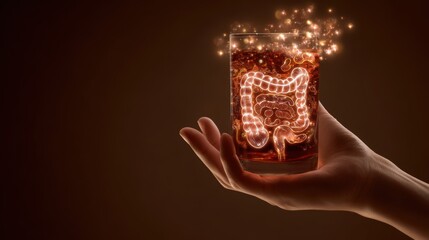 Fermented Drinks for Gut Health. A hand holding a glass with sparkling liquid, depicting an abstract intestinal design.