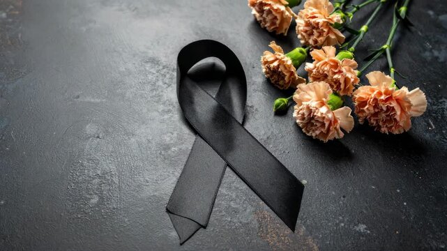 Black awareness ribbon with peach carnations symbolizing mourning on dark textured surface in still life, grief related concept