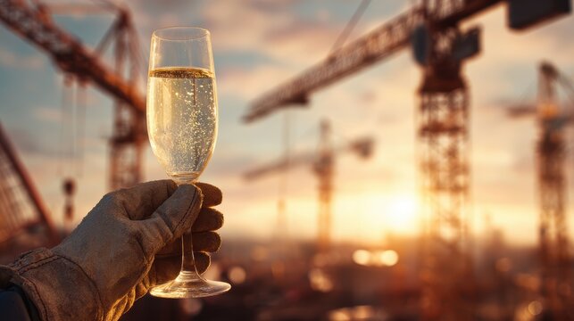 Construction worker toasting with champagne against a sunset backdrop