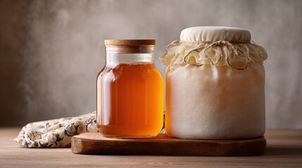 Fermented Drinks for Gut Health. A glass jar of honey beside a cloth-covered jar on a wooden surface.