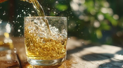 Fermented Drinks for Gut Health. Refreshing drink splashing into a glass with sunlight and greenery in the background.