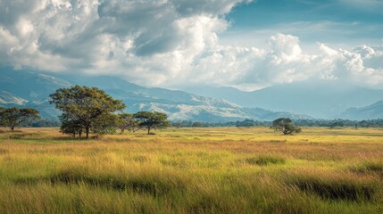 Obraz premium Serene Landscape of Green Grasslands Under Dramatic Cloudy Sky with Rolling Mountains in the Background and Trees Scattered Throughout the Field