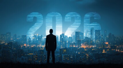 Businessman overlooking cityscape with 2026 digital overlay, future vision