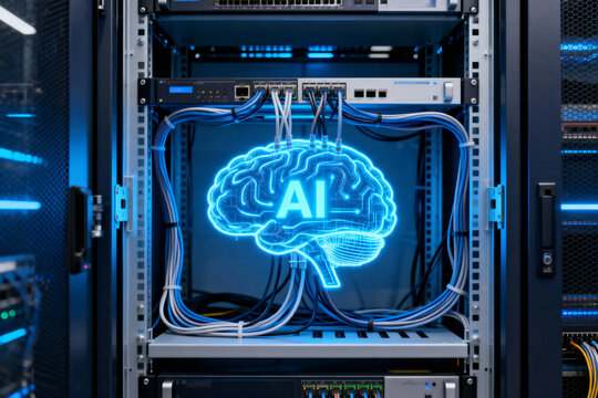 Artificial intelligence concept with a glowing brain in a server room