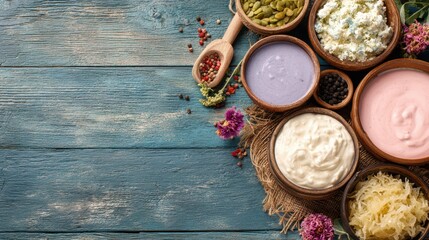 Fermented Drinks for Gut Health. Various colorful spreads in bowls on a rustic wooden surface.