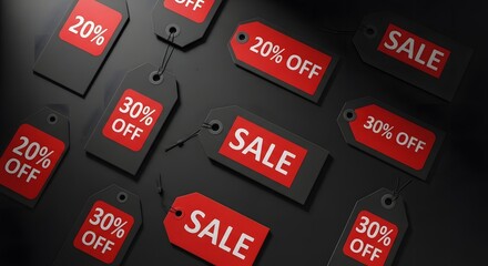 Black price tags with red "SALE" and "OFF" labels scattered on a dark surface, indicating discounts and promotions for shopping.