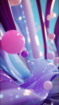 Abstract video background in purple neon tones: balls of water, hydrogel, latex, float, jump on the surface of swaying waves