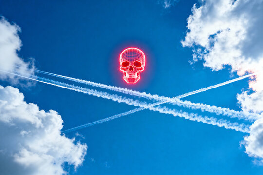 Skull in the sky with contrails and clouds against a bright blue background - Powered by Adobe