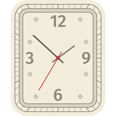 Simple Square Clock With Gray Hands And Red Second Hand On A Light Beige Background With Numeric Markers And A Decorative Border Detailed Illustration