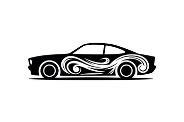 Fototapeta premium A sleek black car is adorned with decorative swirling patterns along its side.