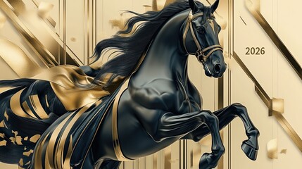 Black horse 2026 with golden motion metallic energy