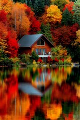 Fototapeta premium Lakeside Log Cabin Autumn Reflections Colorful Trees