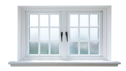 White double casement window with frosted glass panes, modern frame, and window sill, isolated on transparent background, suitable for home interior or exterior design concepts