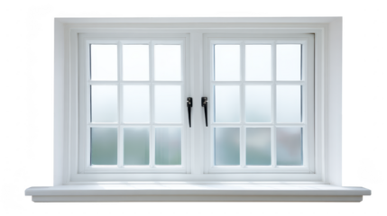 White double casement window with frosted glass panes, modern frame, and window sill, isolated on transparent background, suitable for home interior or exterior design concepts