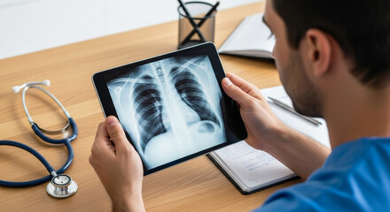 Man looking at x-ray image on tablet at medical desk, digital healthcare and radiology diagnosis concept