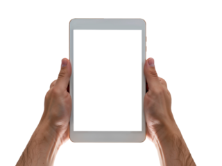 Hand man holding tablet with mockup blank screen isolated on transparent background
