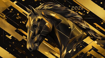 Futuristic golden horse head 2026 digital artwork
