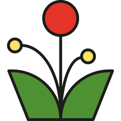 Simple Stylized Red Flower With Green Leaves And Yellow Accents On Transparent Background