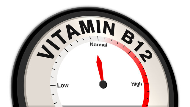 Vitamin B12 at normal levels on a barometer or tachometer, showing optimal energy, healthy nerve function, and balanced metabolism, indicating adequate nutrition and wellness