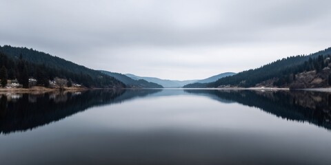 Fototapeta premium Still lake reflecting forested hills under a cloudy sky, calm nature mirroring a tranquil outdoor landscape scene